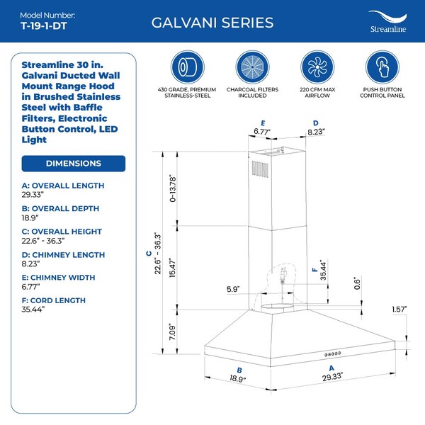 Streamline 30 in. Galvani Ducted Wall Mount 220 CFM Range Hood in Brushed Stainless Steel - T-19-1-DT