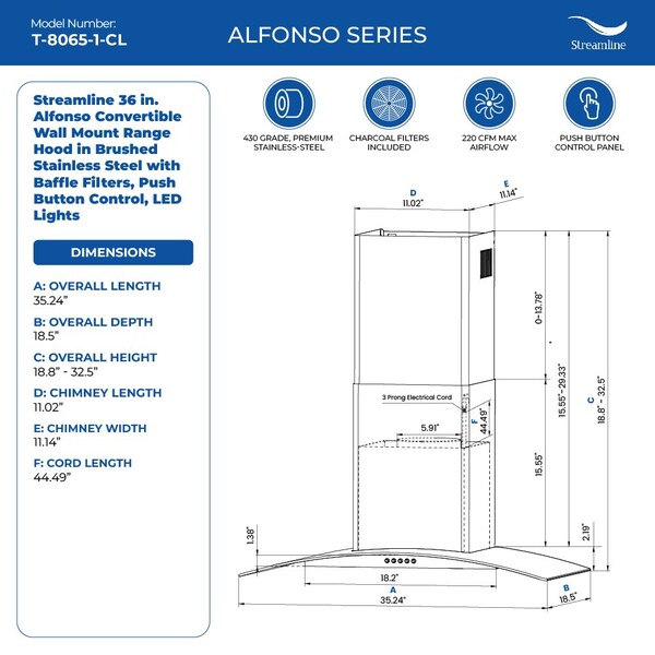 Streamline 36 in. Alfonso Convertible Wall Mount 220 CFM Range Hood in Brushed Stainless Steel - T-8065-1-CL