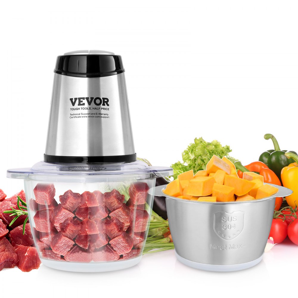 VEVOR Food Processor, Electric Meat Grinder with 4-Wing Stainless Steel Blades, 8 Cup+5 Cup Two Bowls, 400W Electric Food Chopper, 2 Speeds Food Grinder for Baby Food, Meat, Onion, Vegetables - DMCJRJJLBL2G215HRV1