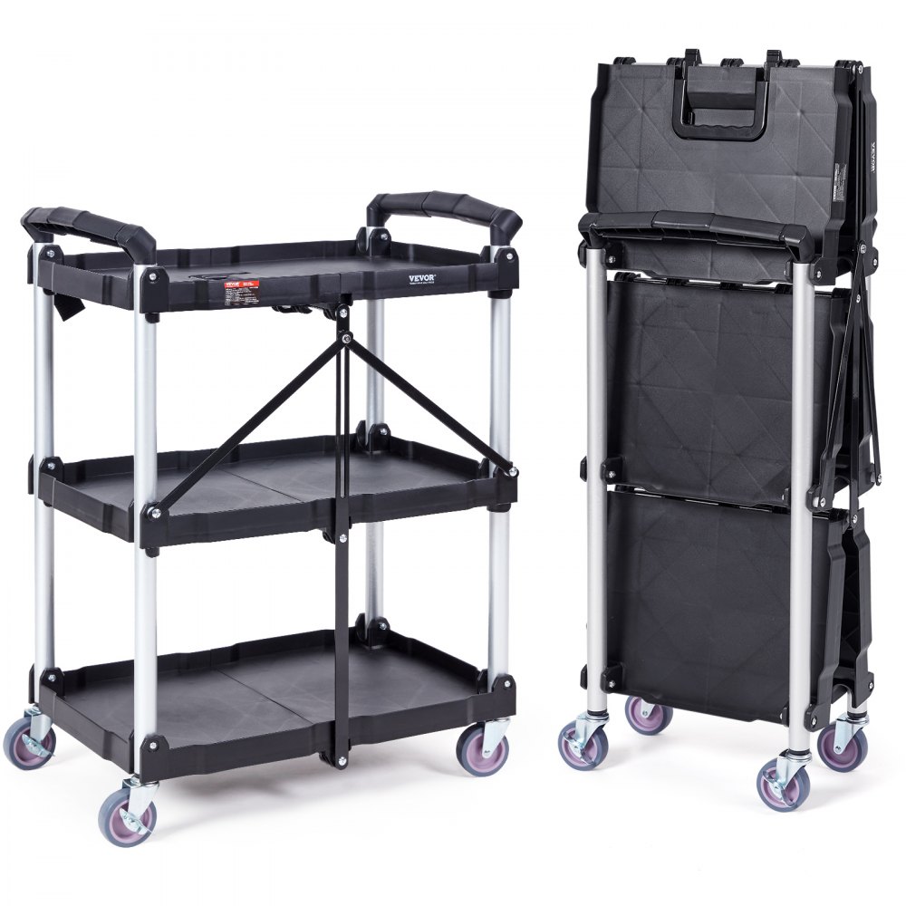 VEVOR Foldable Utility Service Cart, 3 Shelf 165LBS Heavy Duty Plastic Rolling Cart with Lockable Wheels, Ergonomic Handle, Portable Garage Tool Cart for Warehouse/Office/Home(25.62"x15.43"x32.76") - SXSYTCSXCDPM3XOD4V0