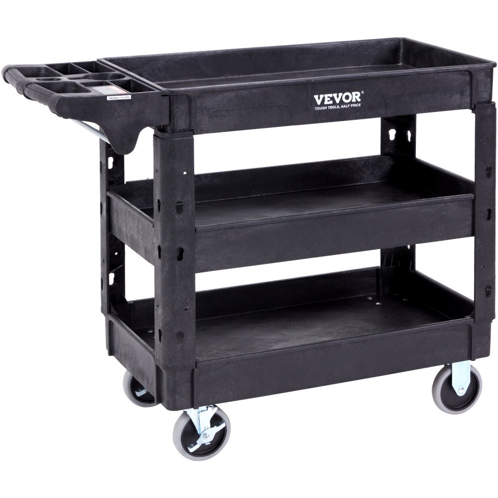 VEVOR Utility Service Cart, 3 Shelf 550LBS Heavy Duty Plastic Rolling Utility Cart with 360° Swivel Wheels (2 with Brakes), Medium Lipped Shelf, Ergonomic Storage Handle for Warehouse/Garage/Cleaning - DXSLSYTCDXCX3K5H9V0