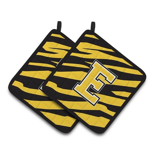 Carolines Treasures Monogram Initial E Tiger Stripe - Black Gold Pair of Pot Holders, 7.5 x 3 x 7.5 in. - CJ1026-EPTHD