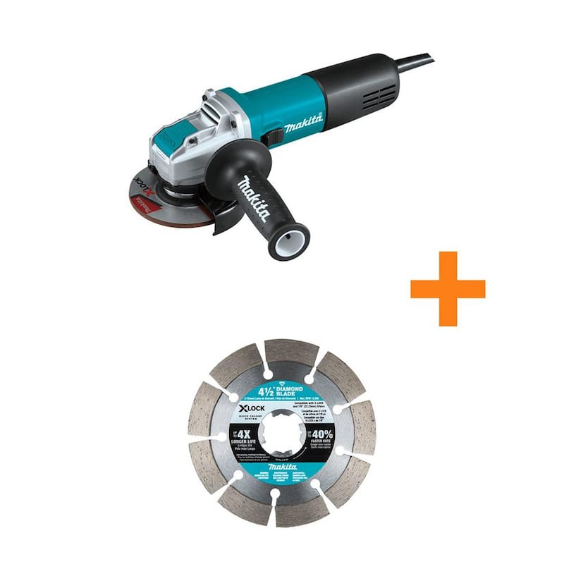 Makita 7.5 AMP Amoladora Angular con Cable de 4-1/2 pulgadas X-LOCK con Hoja de Diamante Segmentada de 4-1/2 pulgadas para Corte de Albañilería - GA4570-E-07191