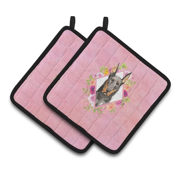 Carolines Treasures 7.5 x 7.5 in. Doberman Pinsher Pink Flowers Pair of Pot Holders - CK4241PTHD