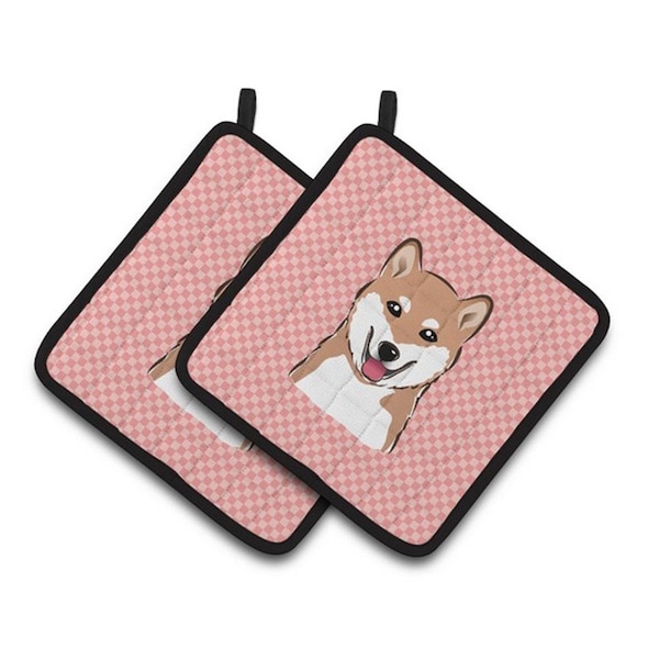 Carolines Treasures Checkerboard Pink Shiba Inu Pair of Pot Holders, 7.5 x 3 x 7.5 in. - BB1225PTHD