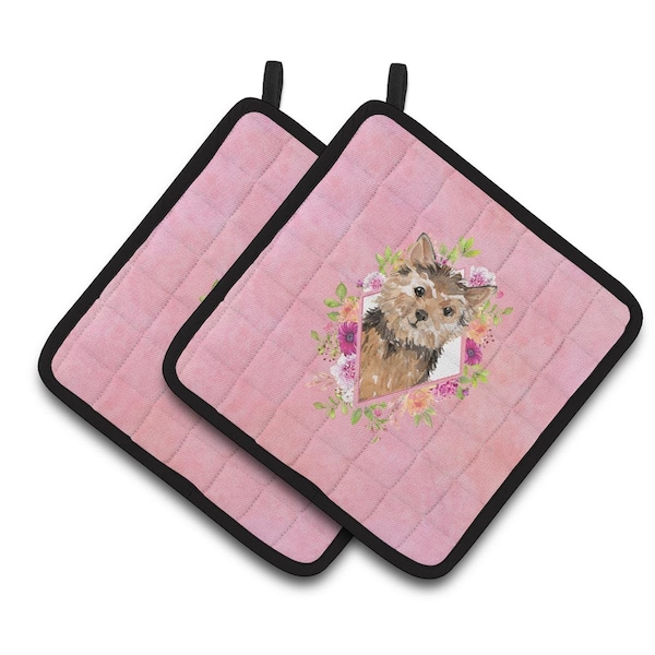 Carolines Treasures 7.5 x 7.5 in. Norwich Terrier Pink Flowers Pair of Pot Holders - CK4220PTHD