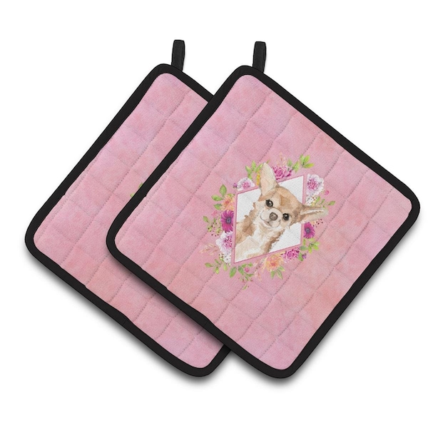 Carolines Treasures 7.5 x 7.5 in. Chihuahua Pink Flowers Pair of Pot Holders - CK4245PTHD