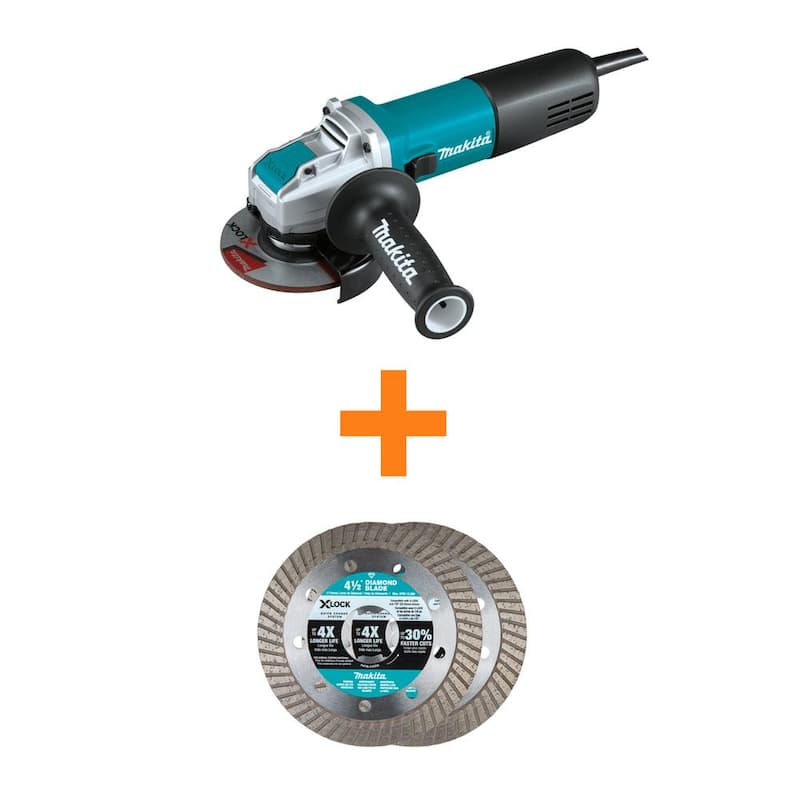 Makita 7.5 Amperios 4.5 pulgadas Amoladora Angular con Interruptor X-LOCK de conexión a CA/CC con Hoja de Corte de Albañilería de Diamante de 4.5 pulgadas X-LOCK, Paquete de 2 - GA4570-E-07222