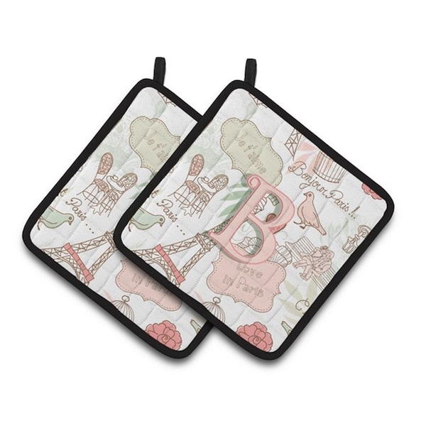 Carolines Treasures Letter B Love in Paris Pink Pair of Pot Holders, 7.5 x 3 x 7.5 in. - CJ2002-BPTHD