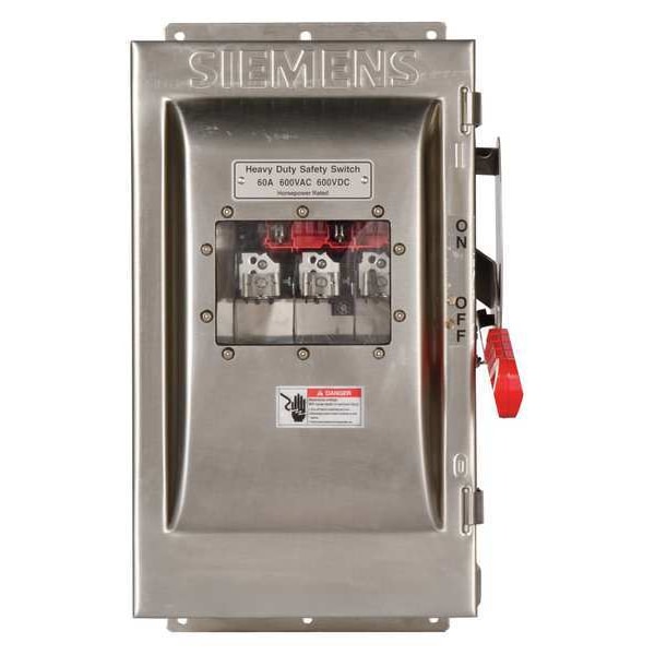 Interruptor de seguridad con fusible Siemens, servicio pesado, 600V CA, 3 polos, 60 A, NEMA 3R - HF362SW