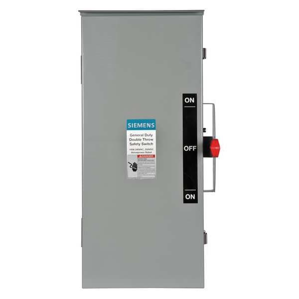 Interruptor de seguridad no fusible Siemens, tipo servicio general, 240V CA, 2PDT, 100 A, NEMA 3R - DTGNF223NR.