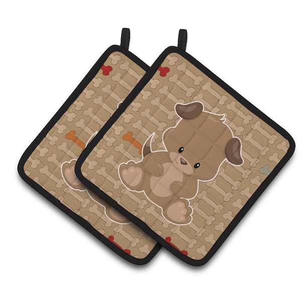 Carolines Treasures Puppy on Brown Bones Pair of Pot Holders - BB7075PTHD