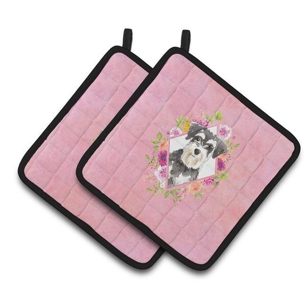 Carolines Treasures Carolines Treasures CK4222PTHD 7.5 x 7.5 in. Schnauzer No.2 Pink Flowers Pair of Pot Holders - CK4222PTHD