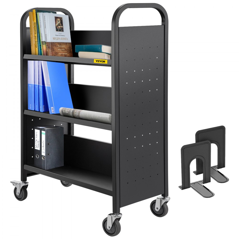 VEVOR Book Cart, 200LBS Library Cart, Single Sided V-Shaped 30x14x49 Inch Rolling Book Cart, Sloped Shelves with 4 Inch Lockable Wheels for Home Shelves Office and School Book Truck in Black - TSGTCSCVXDMHS0001V0