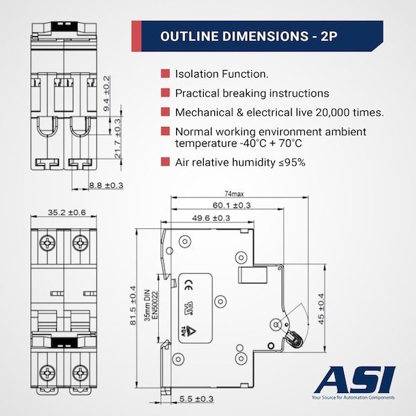 Automation Systems Interconnect 40A, 2 Pole, 240V AC / 60V DC, Trip Curve: D, DIN Rail Mount-Miniature Circuit Breaker, UL1077 - NDB2-63D40-2