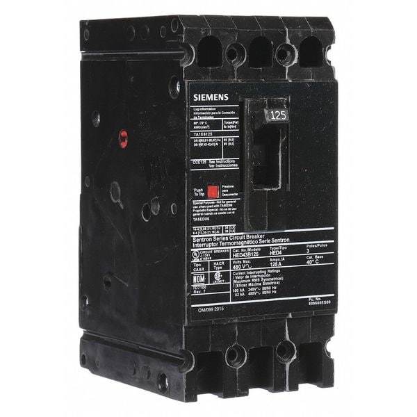 Siemens Molded Case Circuit Breaker, HED4 Series, 125A, 3 Pole, 480V AC, 42kA at 480V AC - HED43B125