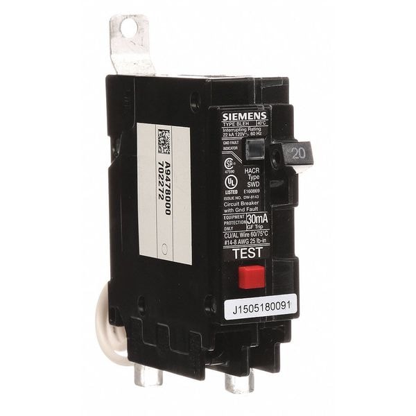 Siemens Miniature Circuit Breaker, BLE Series, 20A, 1 Pole, 120V AC, 22kA at 120V AC - BE120H