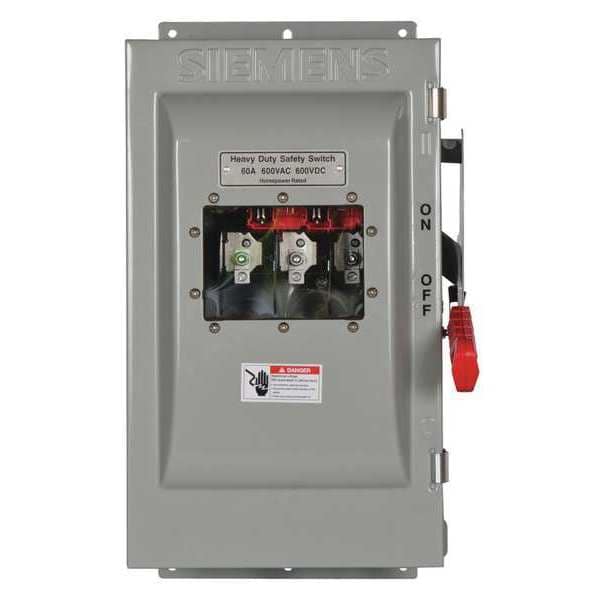 Interruptor de seguridad con fusible Siemens, resistente, 600V AC, 3PST, 60 A, NEMA 3R - HF362JCHW