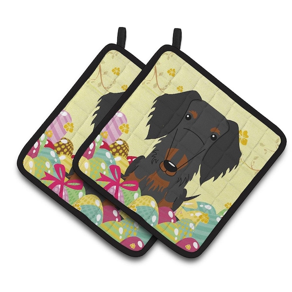 Carolines Treasures Easter Eggs Wire Haired Dachshund Black Tan Pair of Pot Holders - BB6127PTHD