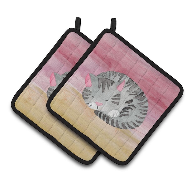 Carolines Treasures Sleeping Grey Cat Watercolor Pair of Pot Holders - BB7353PTHD
