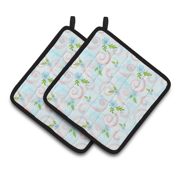 Carolines Treasures Watercolor Blue Flowers and Swirls Pair of Pot Holders - BB7482PTHD
