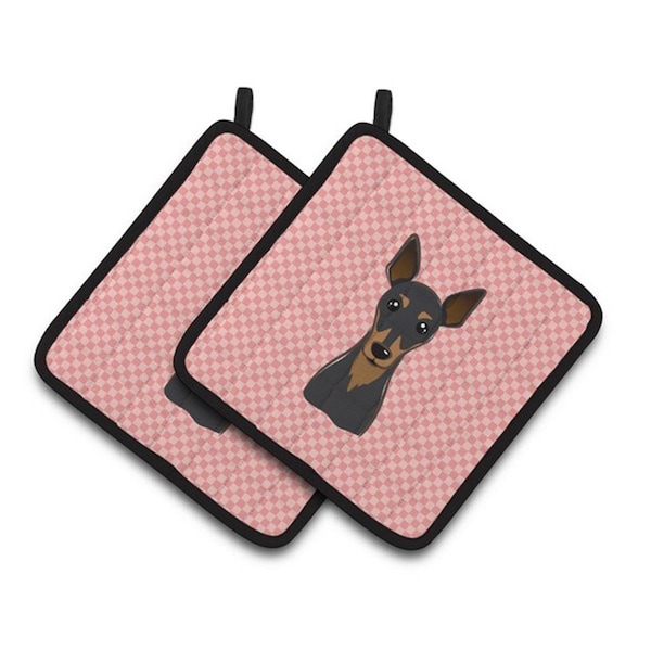 Carolines Treasures Checkerboard Pink Min Pin Pair of Pot Holders, 7.5 x 3 x 7.5 in. - BB1240PTHD