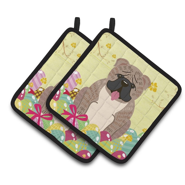 Carolines Treasures Easter Eggs English Bulldog Grey Brindle Pair of Pot Holders - BB6126PTHD