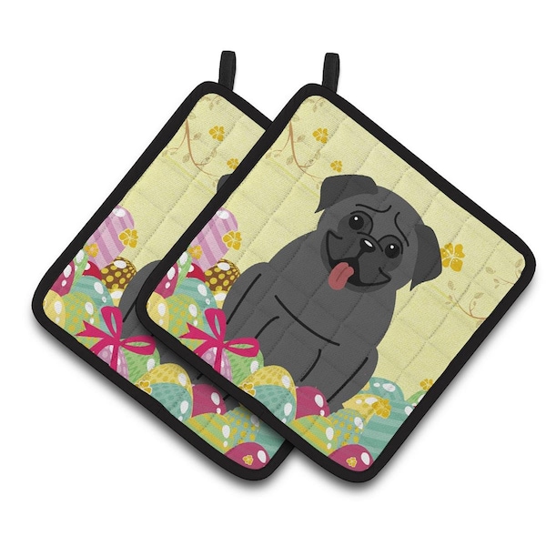 Carolines Treasures Easter Eggs Pug Black Pair of Pot Holders - BB6006PTHD