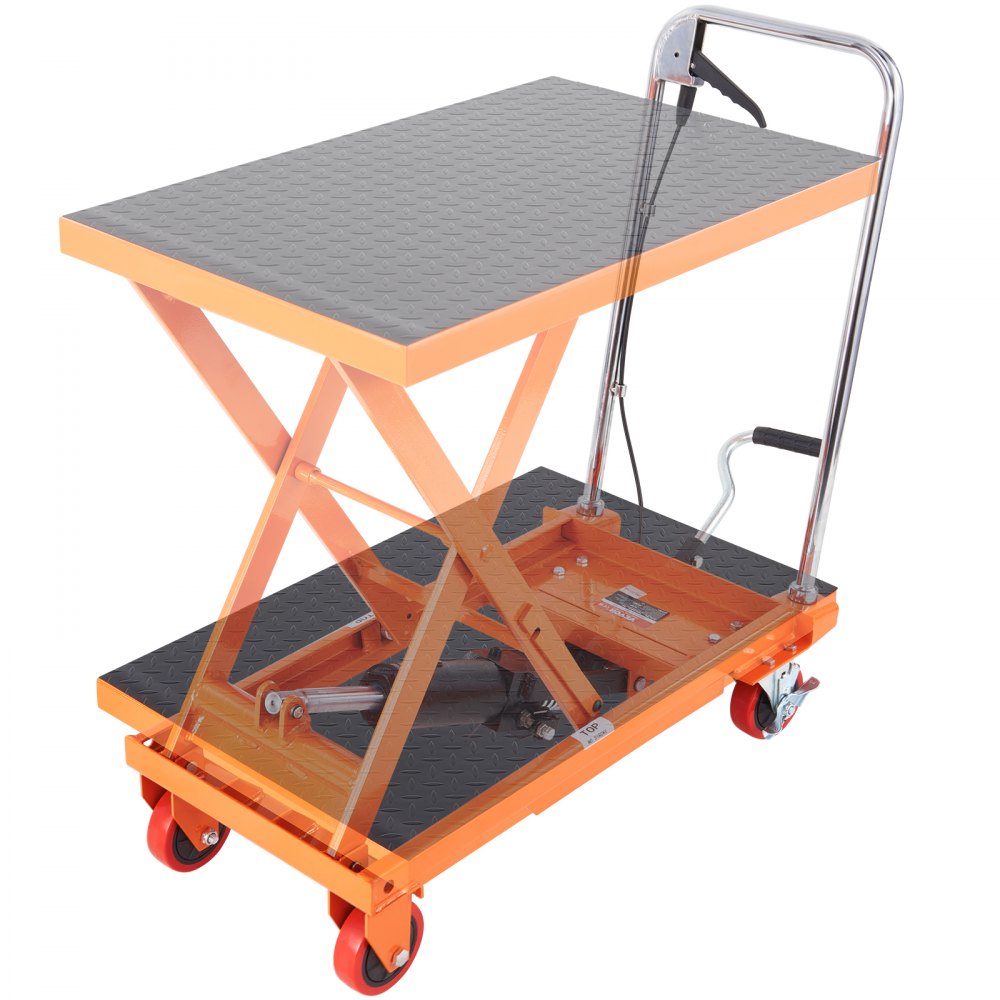 VEVOR Hydraulic Lift Table Cart, 500lbs Capacity 28.5" Lifting Height, Manual Single Scissor Lift Table with 4 Wheels and Non-slip Pad, Hydraulic Scissor Cart for Material Handling, Orange - DJYYSJPTCCS4EL7SHV0