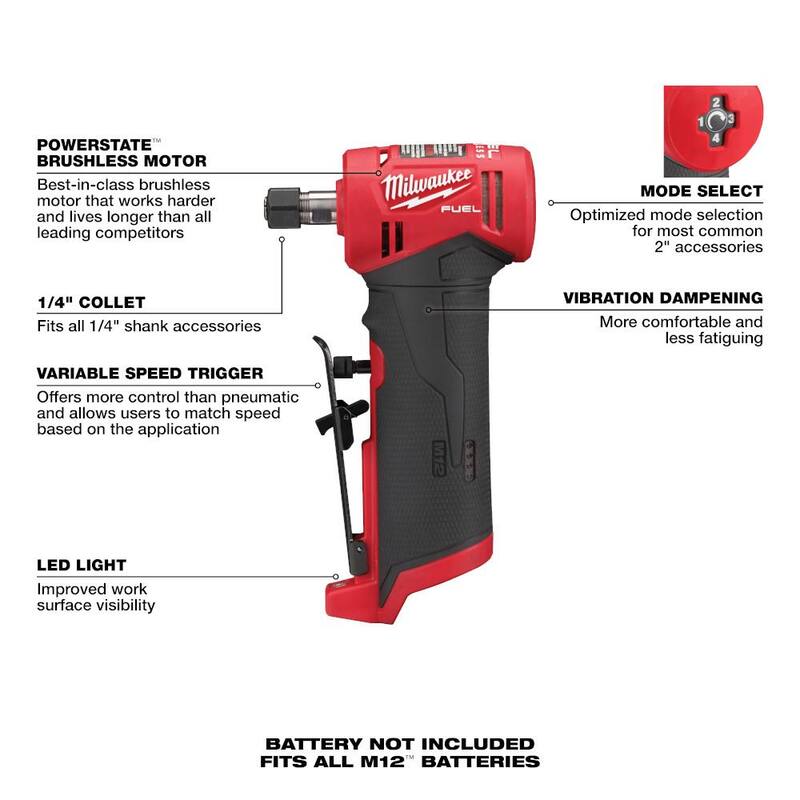 Esmeriladora recta angular inalámbrica Milwaukee M12 FUEL de 12V de iones de litio sin escobillas de 1/4 de pulgada con paquete de baterías XC de 4.0 Ah y kit de inicio - 2485-20-48-59-2440.