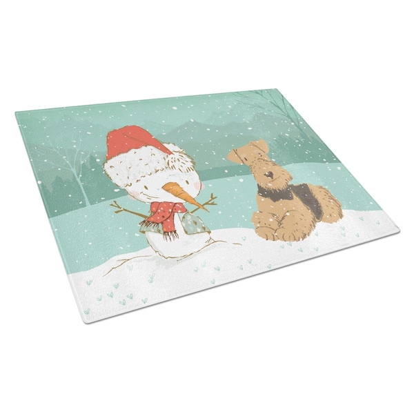 Carolines Treasures Airedale Terrier Snowman Christmas Glass Cutting Board Large - CK2078LCB