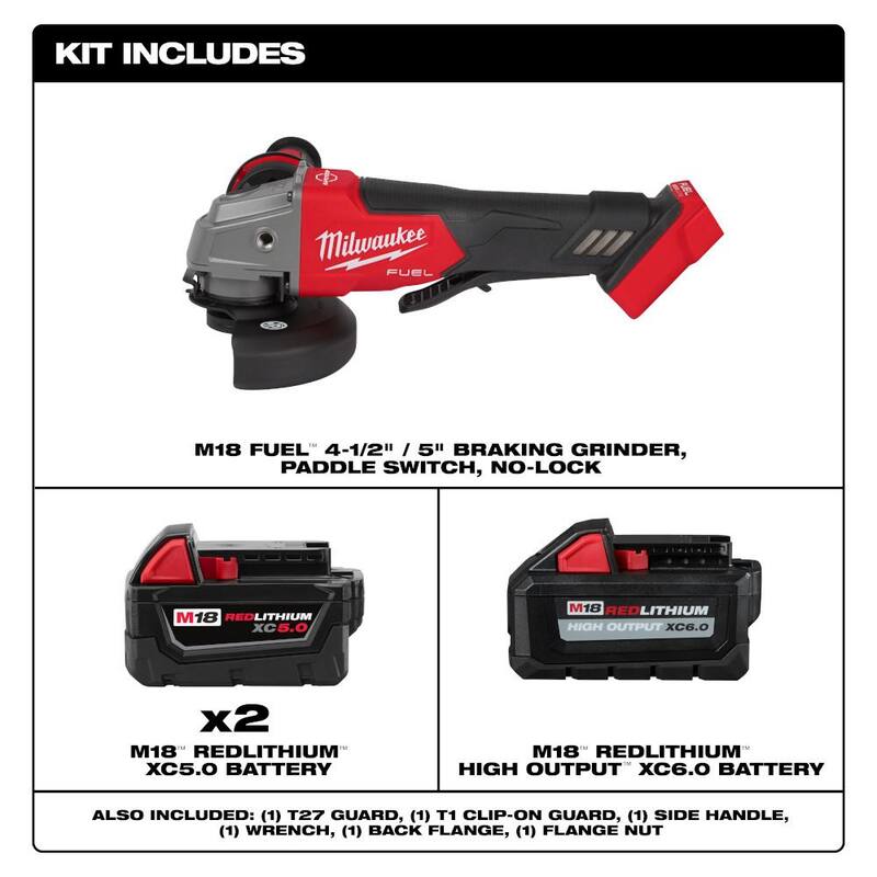 Milwaukee M18 FUEL 18V Lith-Ion Inalámbrico sin escobillas amoladora de 4-1/2 in./5 in. con (1) batería de alto rendimiento de 6.0Ah y (2) baterías de 5.0Ah - 2880-20-48-11-1856.