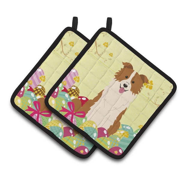Carolines Treasures Easter Eggs Border Collie Red White Pair of Pot Holders - BB6119PTHD