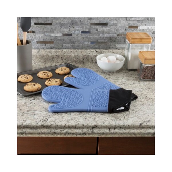 Hastings Home Silicone Oven Mitts, Extra Long Heat Resistant with Quilted Lining, 2-sided Textured Grip, 1-pair, Blue - 283726DKK