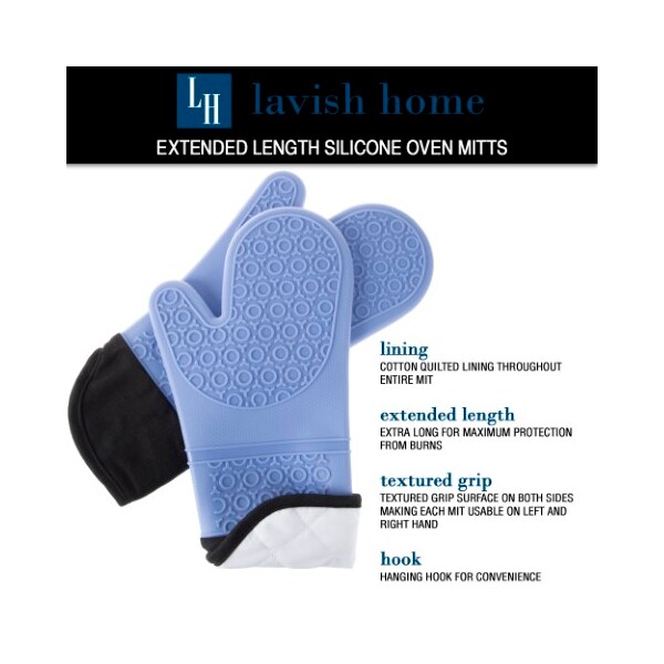 Hastings Home Silicone Oven Mitts, Extra Long Heat Resistant with Quilted Lining, 2-sided Textured Grip, 1-pair, Blue - 283726DKK