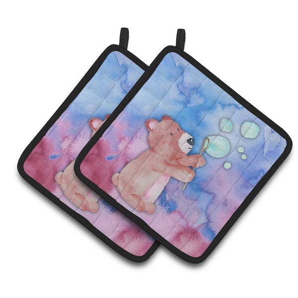 Carolines Treasures Bear & Bubbles Watercolor Pair of Pot Holders - BB7347PTHD