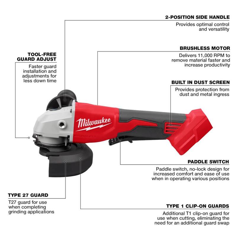 Esmeriladora inalámbrica sin escobillas Milwaukee M18 18V de 4-1/2 in./5 in. con interruptor tipo paleta (solo herramienta) - 2686-20