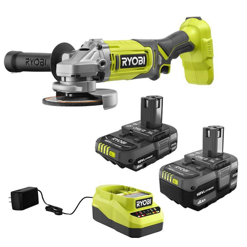 Kit de batería de Ion de Litio de 18V 4.0 Ah RYOBI ONE+, batería de 2.0 Ah y cargador con amoladora angular inalámbrica ONE+ de 4-1/2 pulgadas - PCL445B-PSK106SB.