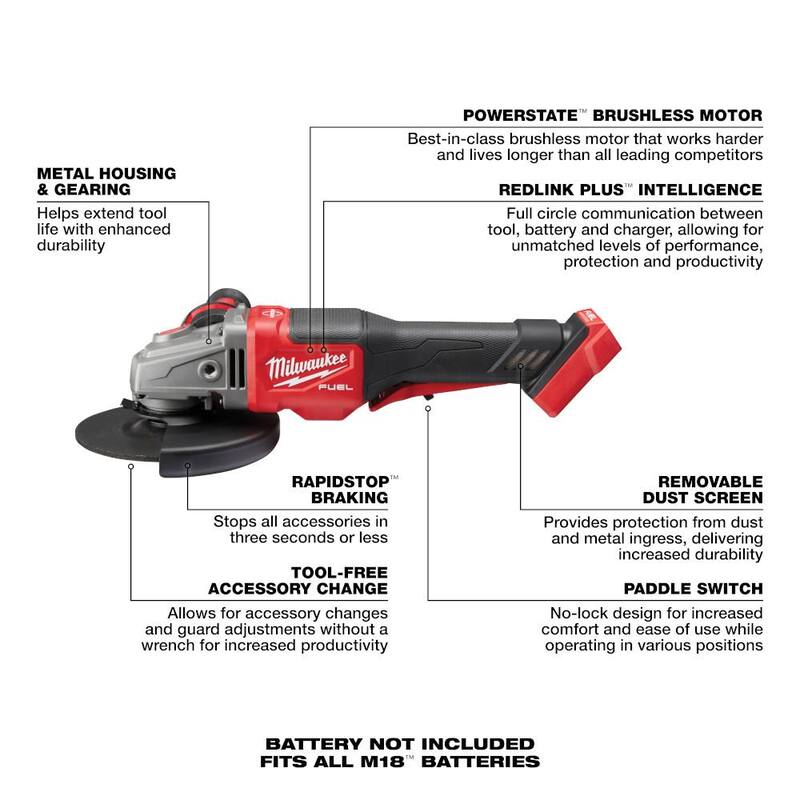 Rectificadora Milwaukee M18 FUEL 18V Lithium-Ion sin escobillas inalámbrica de 4-1/2 in./6 in. con interruptor de paleta (herramienta única) - 2980-20