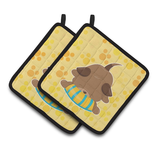 Carolines Treasures Puppy on Yellow Pawprints Pair of Pot Holders - BB7076PTHD