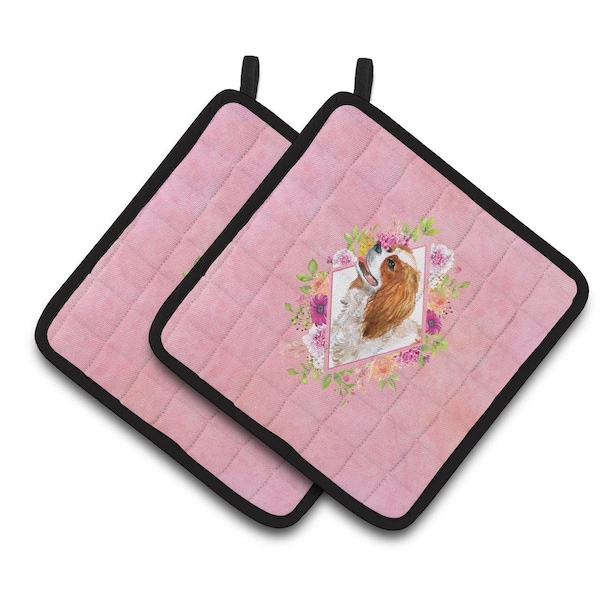 Carolines Treasures Carolines Treasures CK4126PTHD 7.5 x 7.5 in. Cavalier King Charles Spaniel Pink Flowers Pair of Pot Holders - CK4126PTHD