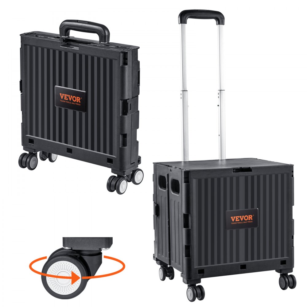 VEVOR Foldable Utility Cart, 110 lbs Load Capacity, Folding Portable Rolling Crate Handcart with Heavy Duty Telescoping Handle and 4 Rotate Wheels for Travel Shopping Moving Luggage Office Use, Black - BXSGWCZCZLDW44U3WV0