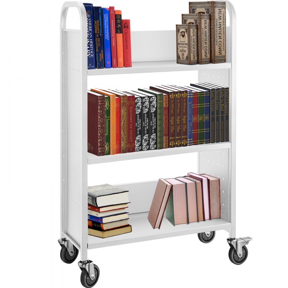 VEVOR Book Cart, 200lbs Library Cart, 30x14x49 Inch Rolling Book Cart Single Sided L-Shaped Flat Shelves with 4 Inch Lockable Wheels, for Home Shelves Office and School Book Truck in White - TSGTCSCLXDMBS0001V0