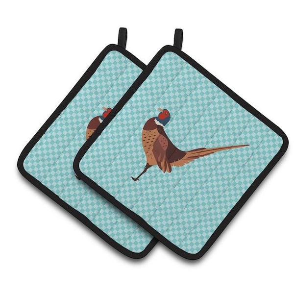 Carolines Treasures Carolines Treasures BB8104PTHD Ring-necked Common Pheasant Blue Check Pair of Pot Holders - BB8104PTHD