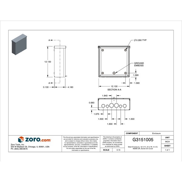 Wiegmann Carbon Steel Electrical Enclosures, 12 in H, 4 in D, 12 in W, NEMA 3R, Screw On - RSC121204G