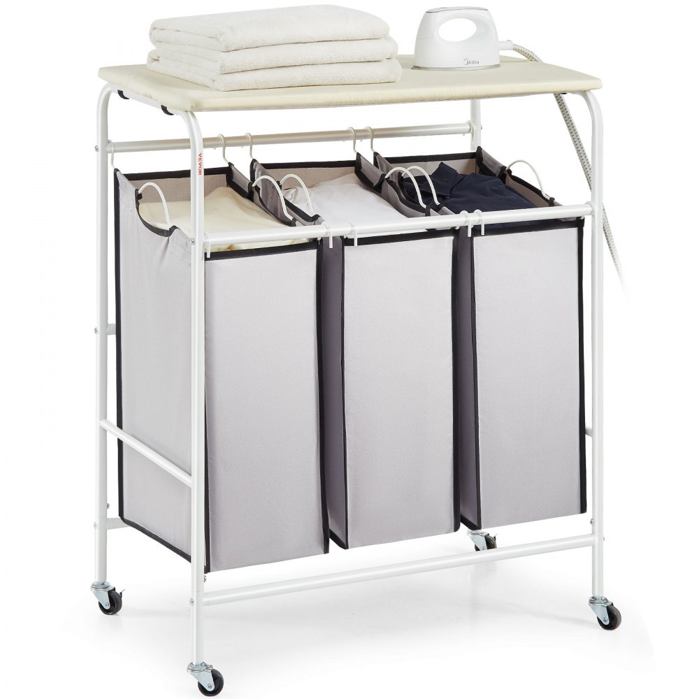 VEVOR 3-Section Laundry Sorter Cart with Ironing Board, Laundry Hamper with Heavy Duty Lockable Wheels and 3 Removable Bag, Rolling Laundry Basket Sorter for Clothes Storage - XYLYYBSGBD375TJWZV0