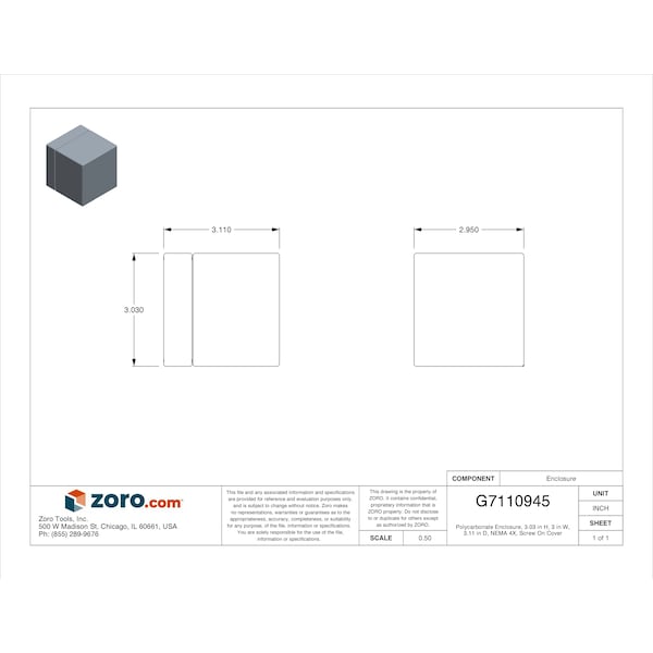 Wiegmann Polycarbonate Electrical Enclosures, 3.03 in H, 3.11 in D, 3 in W, NEMA 4X, Screw On - HW-S808009