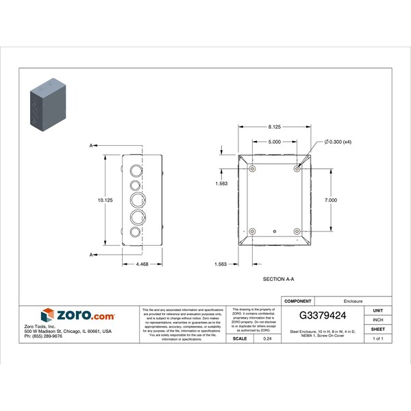 Wiegmann Carbon Steel Electrical Enclosures, 10 in H, 4 in D, 8 in W, NEMA 1, Screw On - SC081004G