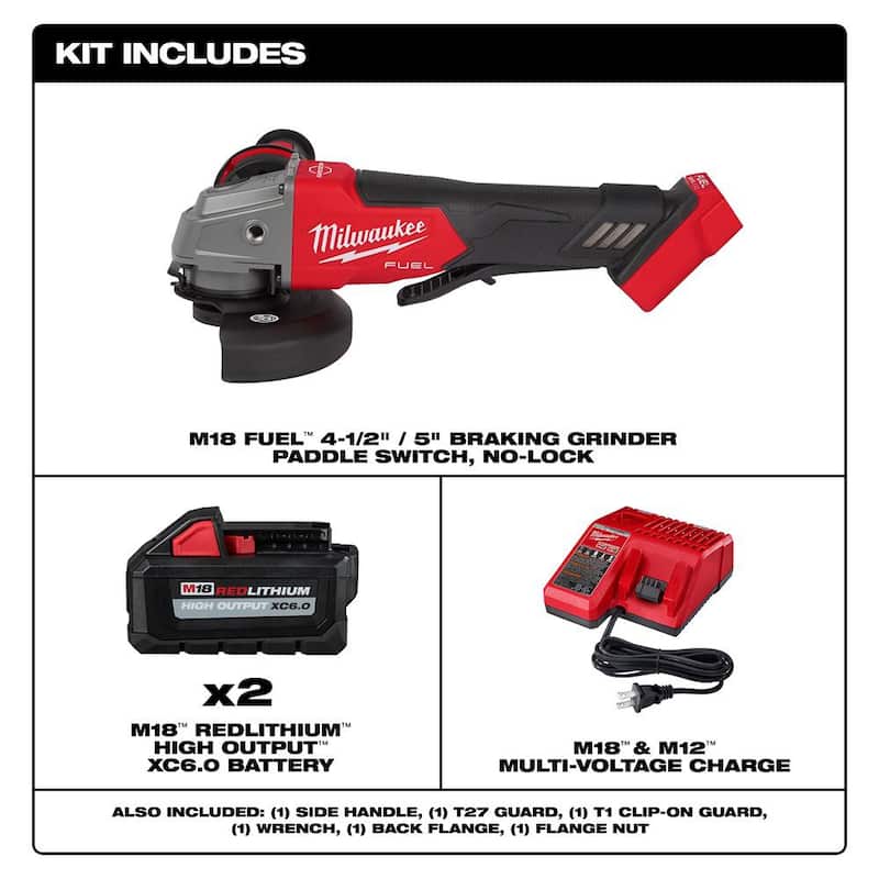 Amoladora inalámbrica Milwaukee M18 FUEL de 18V de ion de litio sin escobillas de 4-1/2 in./5 in. con interruptor de paleta y dos baterías de 6.0 Ah y cargador - 2880-20-48-59-1862S.
