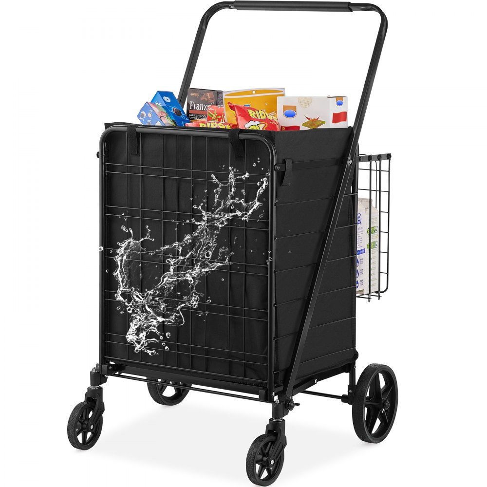 VEVOR Folding Shopping Cart with Removable Waterproof Liner, 330LBS Large Capacity Jumbo Grocery Cart with Dual Basket, 360° Swivel Wheels, Dense Metal Mesh Base, Heavy Duty Utility Cart for Shopping - XYCZDST330186UI5MV0